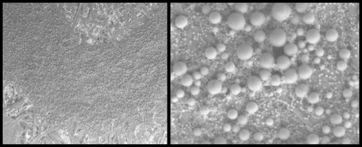 Images of gel ink at 100x (left) and 1,000x magnification. Acquired using a scanning electron microscope. Reprinted with permission from "Nanoparticles in Forensic Science" Cantu, A. SPIE Proceedings, Volume 7119, Forensics and Applications, 2008.