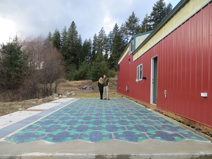 Julie and Scott Brusaw with a parking lot prototype. Image copyright Solar Roadways. https://www.facebook.com/pages/Solar-Roadways/41869107125