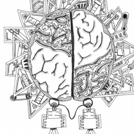 black-and-white drawing featuring a stylized brain and optic system