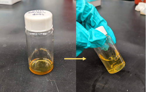 two panels connected by an arrow from left to right. Left: vial with darker-orange liquid than before. Right: hand in a blue glove holding the vial at an angle