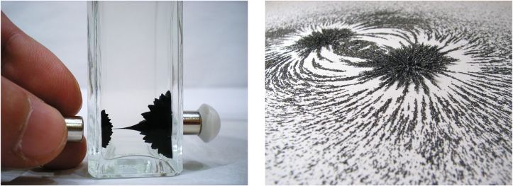 Left: smooth spikes of black liquid ferrofluid floating in a glass jar, suspended between two magnets. Right: spiky patterns of iron filings arrayed in a magnetic field pattern on a white piece of paper