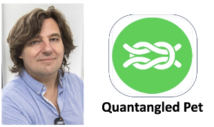 left: photo of a smiling man with white  skin, brown hair, and a blue shirt. Right: green and white logo of Quantangled Pet