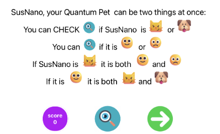 Screen incorporating text and emoji symbols from Quantangled Pet game. SusNano, your Quantum Pet can be two things at once: You can CHECK if SusNano is cat or dog. You can check if it is happy or sad. If SusNano is cat it is both happy and sad. If it is happy it is both cat and dog. At the bottom there is a score, a magnifying gass, and a green arrow.
