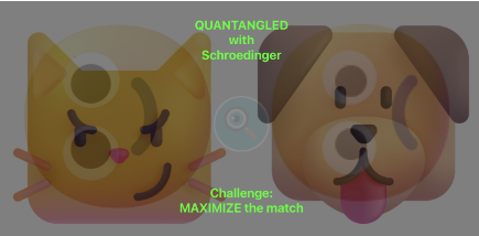 cartoon drawing of cat and dog with happy and sad faces superimposed. Labels show Quantangled with Schroedinger, Challenge: Maximize the match