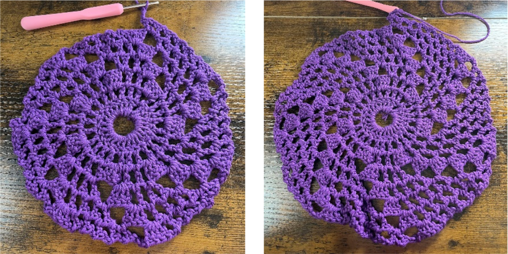 side-by-side photos of the same purple yarn as in the previous photo, showing progressively  larger stages of the project with a growing spiral pattern