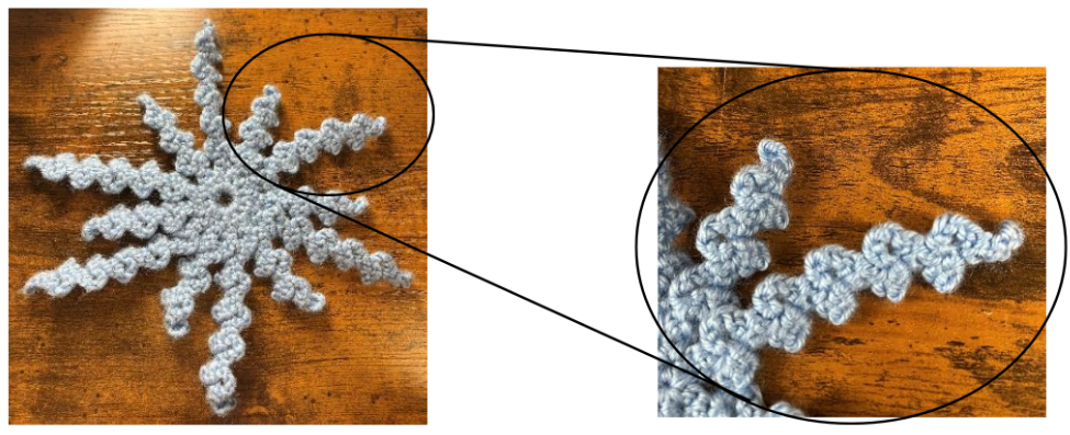 left: light gray 12-armed crocheted snowflake. Right: zoomed-in view of two arms showing the squiggly stitches