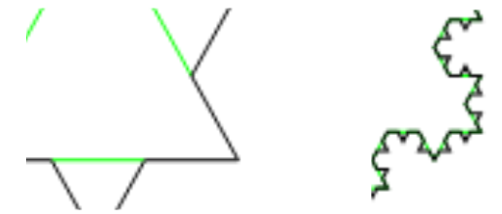 left: zoom in of part of a simple six-sided star. Right: zoom in of part of the fourth-tier Koch triangle composed of many tiny triangles