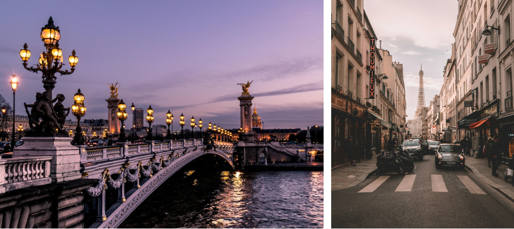 Left photo of a lamp-lit bridge in Paris; right photo of a narrow Parisian street with the Eiffel Tower at the end